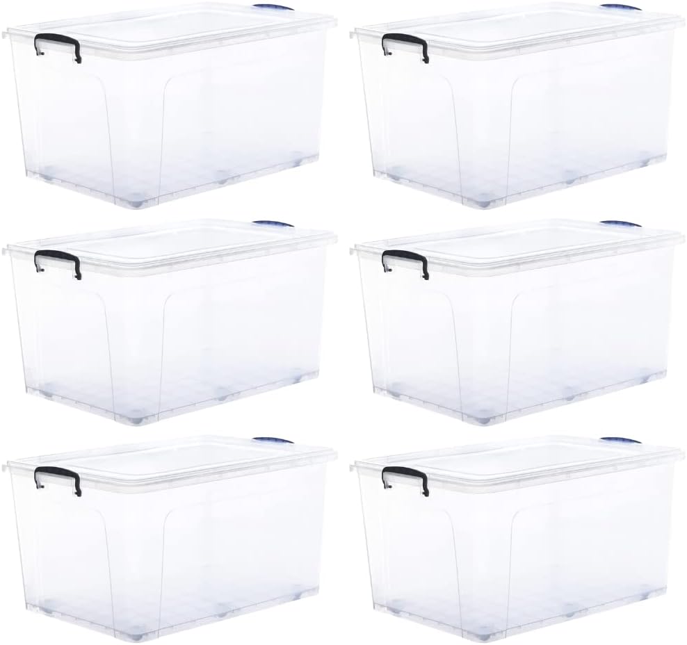 Superio Storage Bins with Lids- Clear Boxes for Organizing, Stackable Plastic Containers- BPA Free, Non-Toxic, Odor Free, Organizer for Home, Office, Dorm (6 Pack, 85 Qt (Wheeled))