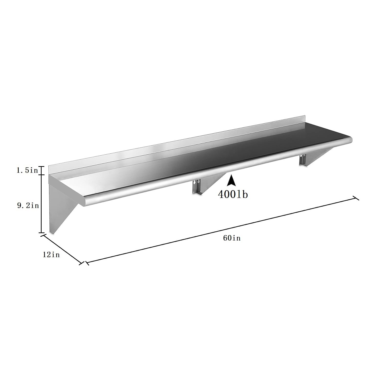 ROCKPOINT Stainless Steel Shelf 12 x 60 Inches 400lb, 2 Pack NSF Commercial Wall Mount Floating Shelving with Backsplash for Restaurant, Kitchen, Home and Hotel, Silver