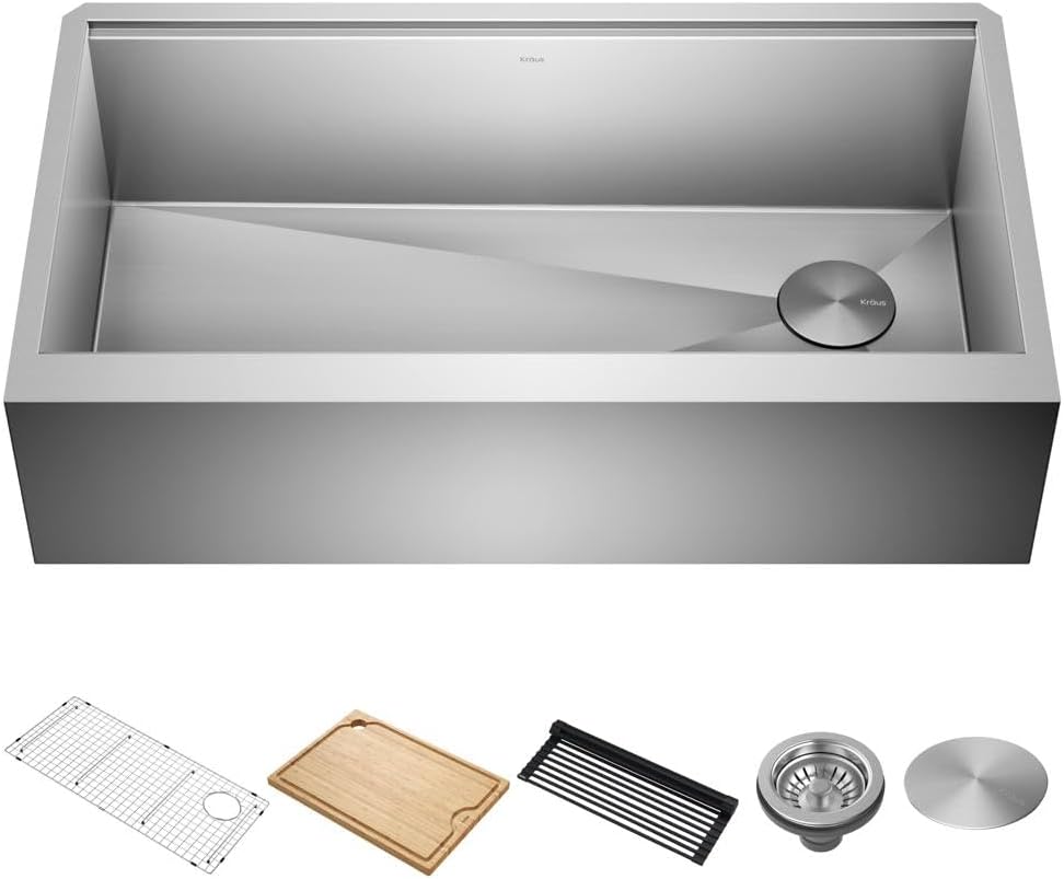 KRAUS Kore 36-Inch Farmhouse Workstation 16 Gauge Single Bowl Stainless Steel Kitchen Sink with Accessories, KWF210-36
