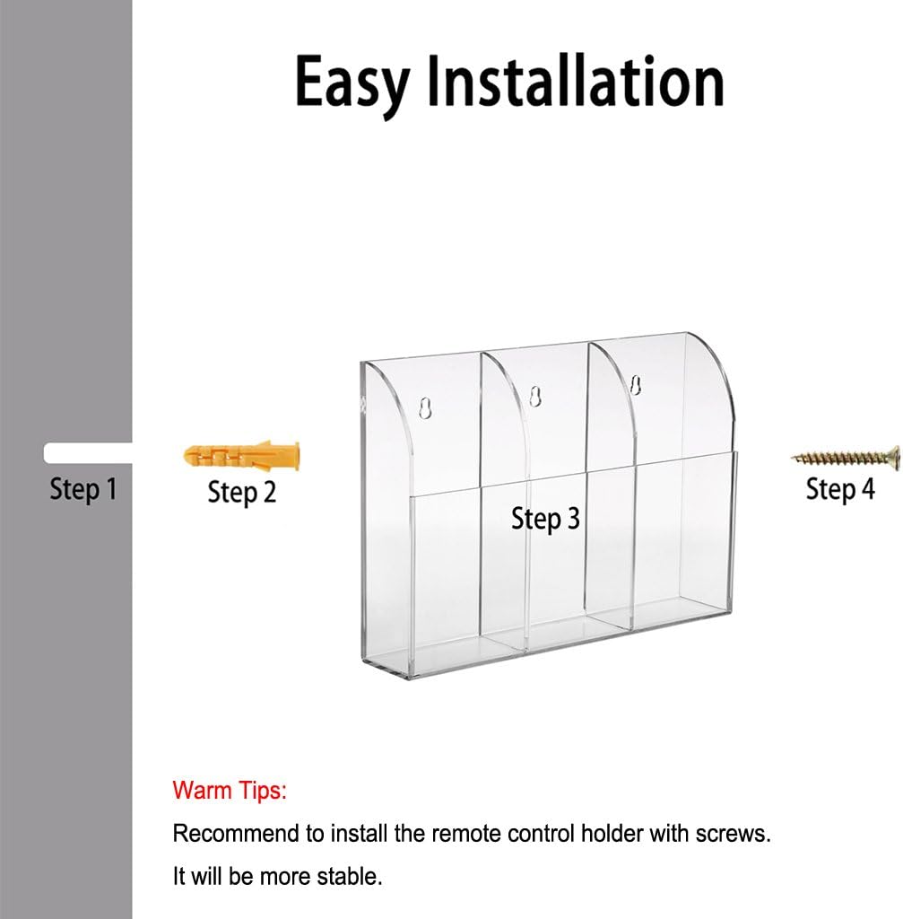 Hipiwe Wall Mount Remote Control Holder Clear Acrylic Media Organizer Storage Box Coffee Table and Nightstand Convenient Remote Control Caddy (Three Compartments)