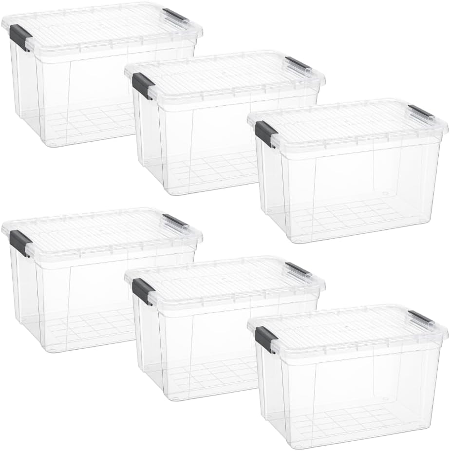 Superio Clear Storage Boxes with Lids, 14.25 Quart Plastic Container Bins for Organizing, Stackable Crates, BPA Free, Non Toxic, Odor Free, Organizers for Home, Office and Dorm, 6 Pack