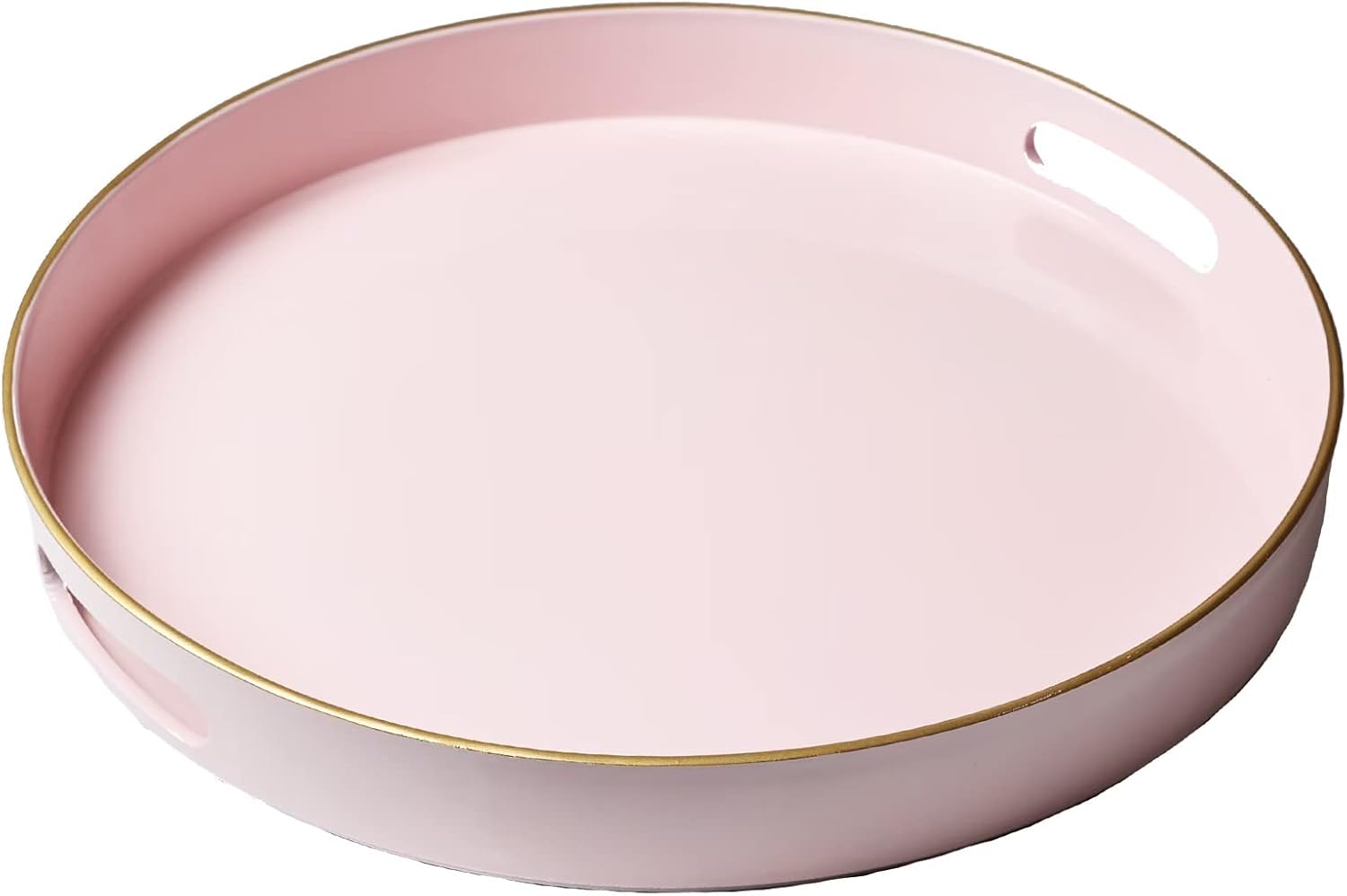Spsyrine Round Pink Decorative Tray, 13" Plastic Serving Table Tray with Handles for Breakfast, Round Modern Ottoman Tray for Coffee Table, Bathroom, Kitchen, Living Room