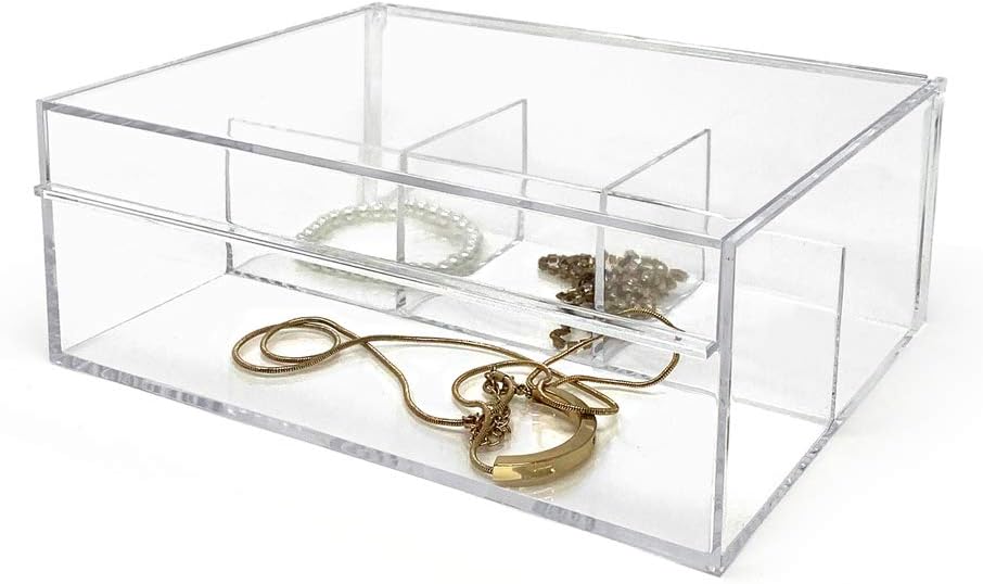 Isaac Jacobs 4-Compartment Clear Acrylic Organizer with Lid (6.7" L x 8.6" W x 3.4" H), Multi-Sectional Tray, Storage Solution for Makeup, School & Office Supplies (3 Small, 1 Large)