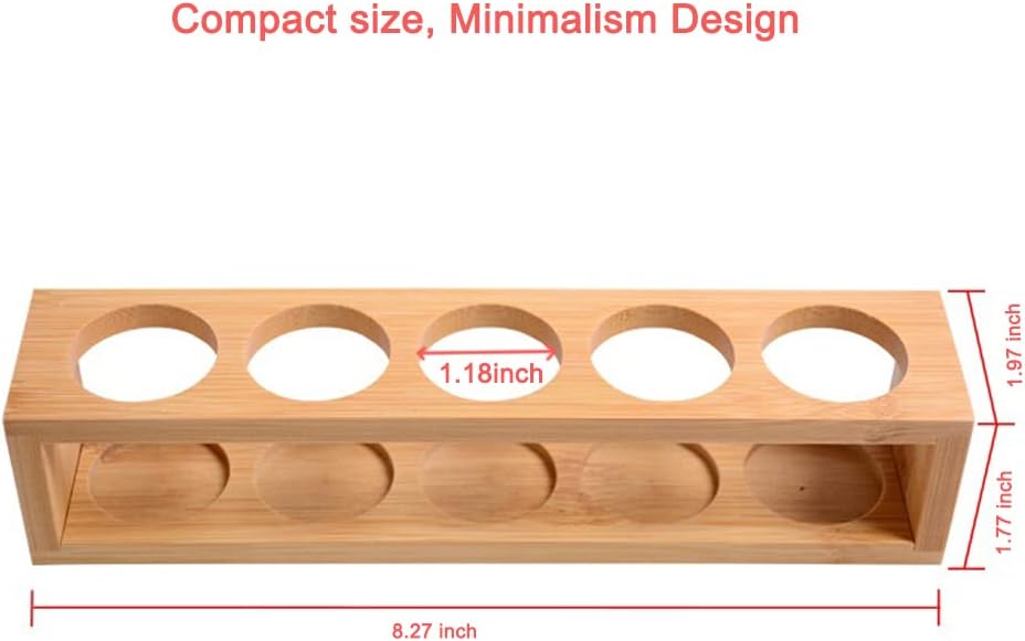 Natural Bamboo Essential Oils Storage Rack fits 15ml bottles 1 Tier Tabletop Display Stand for Aromatherapy Bottles Storage Shelf fits 15ml 10ml 5ml bottles (5 Slots * 2pcs)