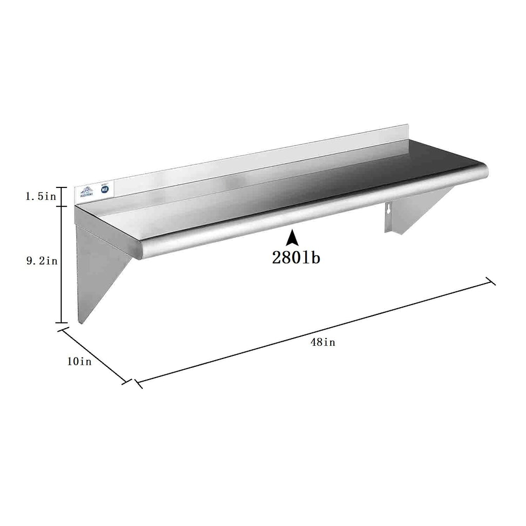 ROCKPOINT Stainless Steel Shelf 10 x 48 Inches 280lb, NSF Metal Commercial Shelves Wall Mount Floating Shelving with Backsplash for Restaurant, Kitchen, Home and Hotel, Silver