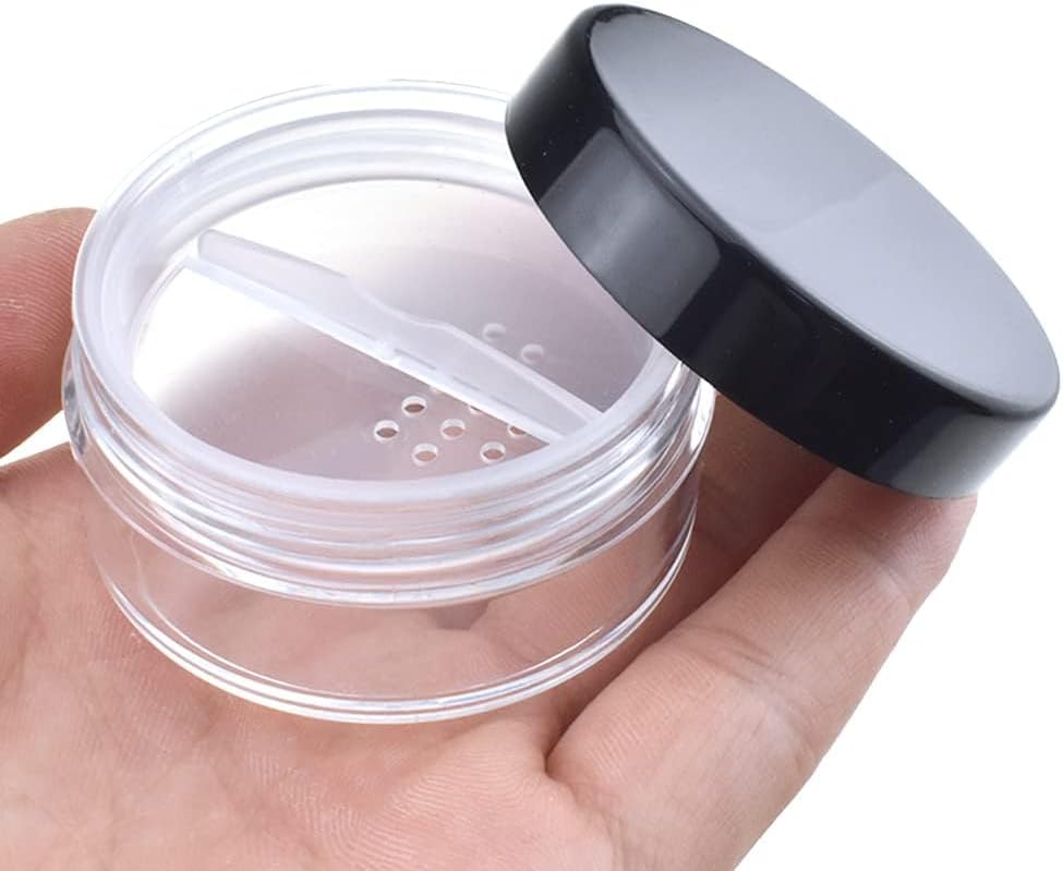 HAHIYO 2Pcs 20ml/0.68oz Plastic Empty Travel Compact Case Makeup Cosmetic Jar Refillable Powder Box No Leak Holder with Rotatable Sifter and Black Screw Lid