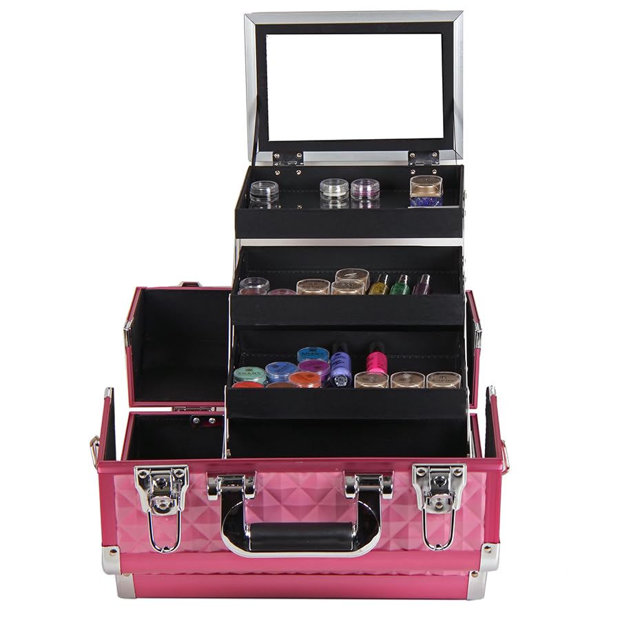 SHANY Premier Fantasy Professional Makeup Train Case Cosmetic Box Portable Makeup Case Organizer Jewelry storage with Locks, 3 Trays, Makeup Brush Holder and Cosmetics Mirror - Pink Diamond