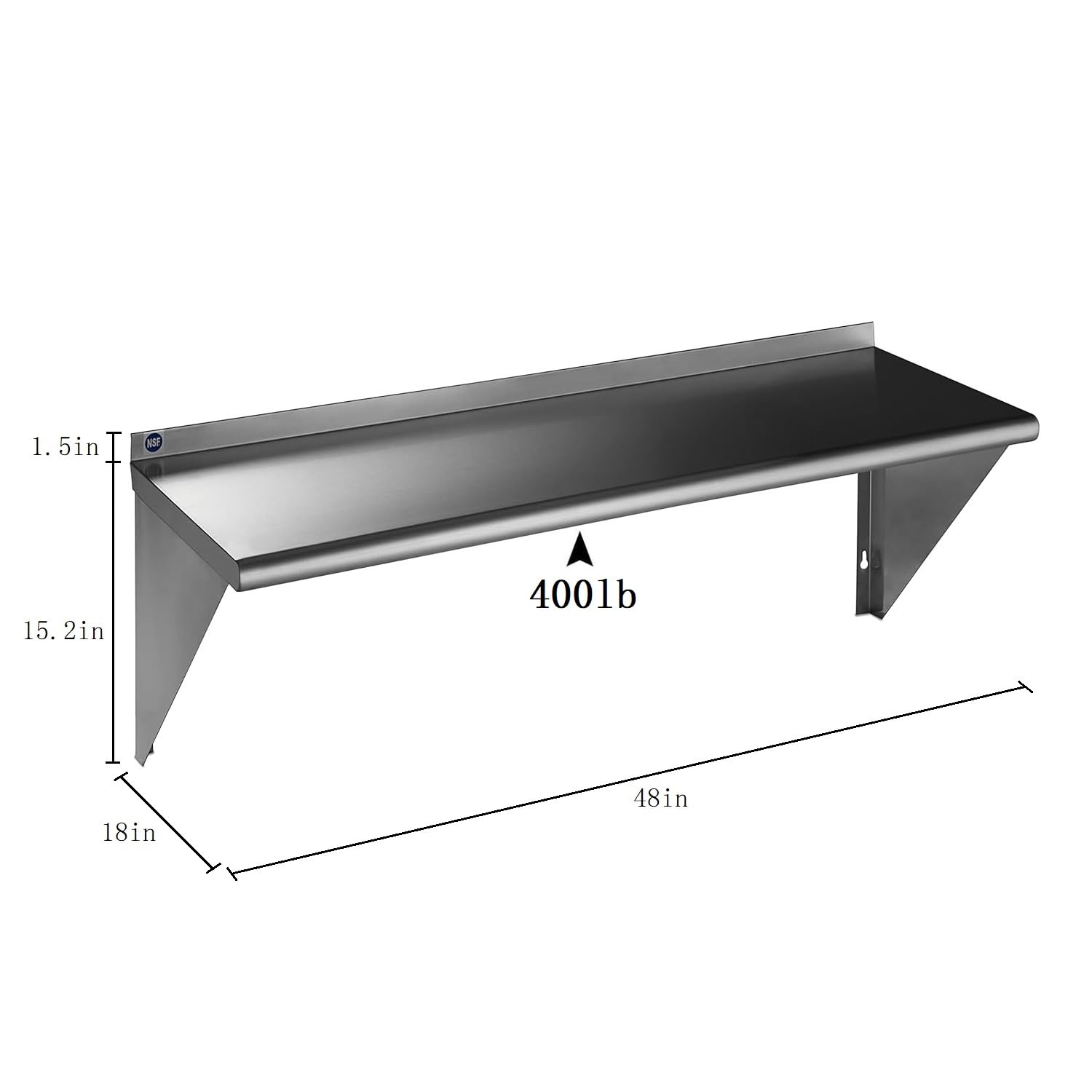 ROCKPOINT Stainless Steel Shelf 18 x 48 Inches 400lb, NSF Metal Commercial Shelves Wall Mount Floating Shelving with Backsplash for Restaurant, Kitchen, Home and Hotel, Silver