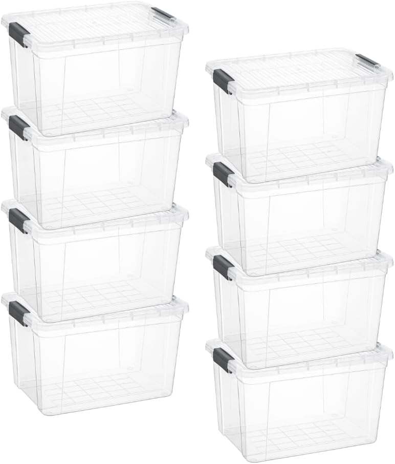 Superio Clear Storage Boxes with Lids, 14.25 Quart Plastic Container Bins for Organizing, Stackable Crates, BPA Free, Non Toxic, Odor Free, Organizers for Home, Office and Dorm, 8 Pack