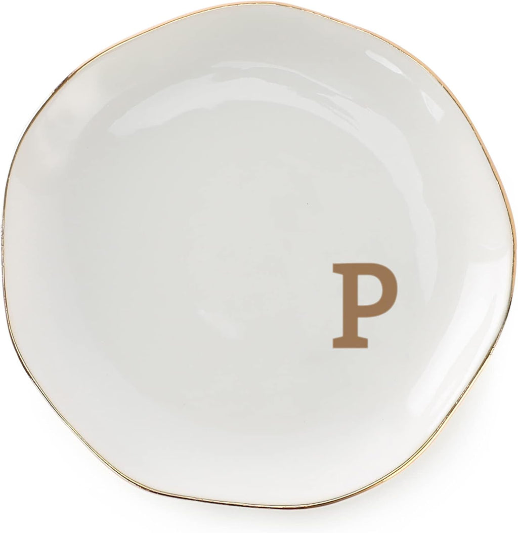 Initials Ring Dish Jewery Tray with Personalized P-Monogrammed Gifts Wedding Engagement for Women Friends Sister,Ceramic White
