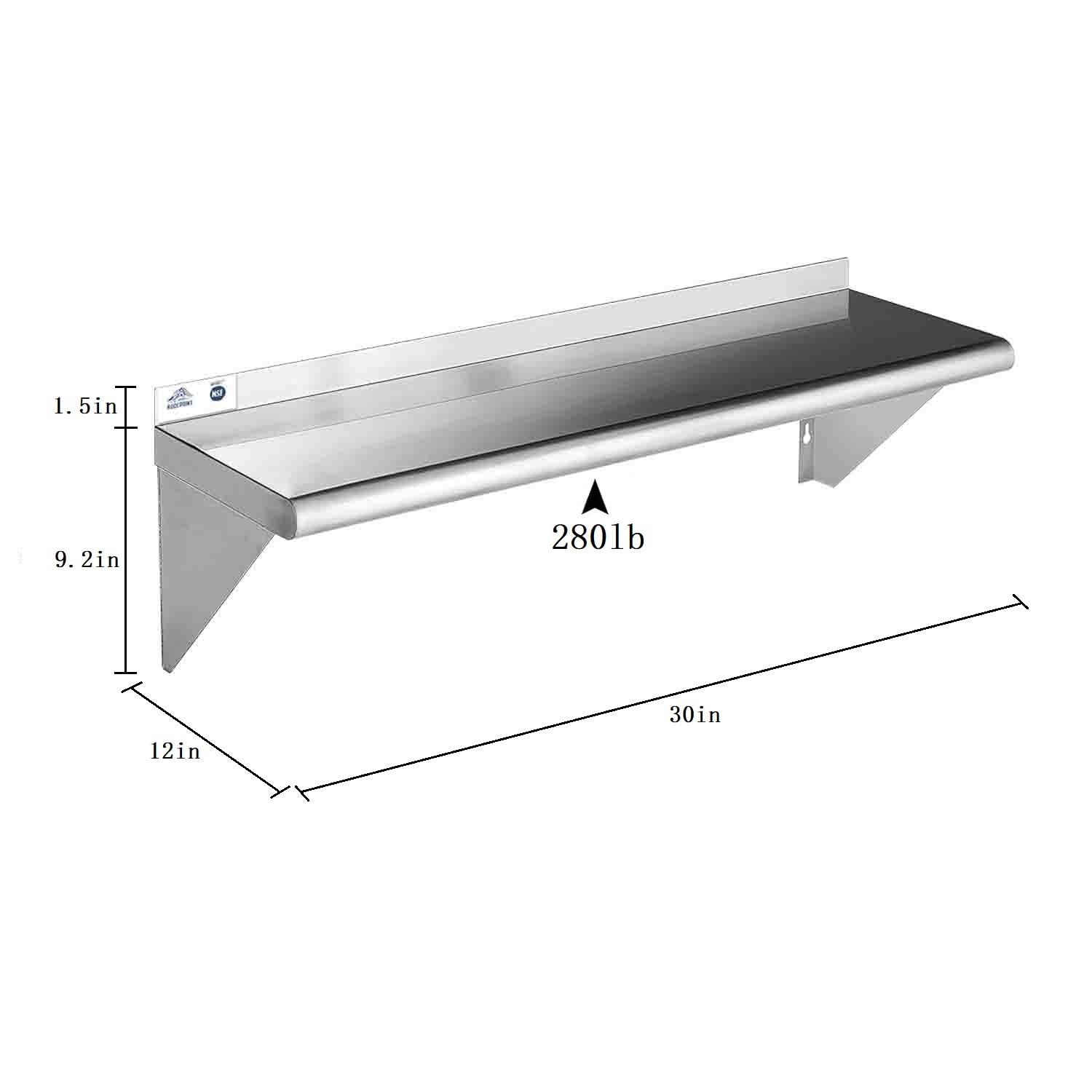 ROCKPOINT Stainless Steel Shelf 12 x 30 Inches 280lb, NSF Metal Commercial Shelves Wall Mount Floating Shelving with Backsplash for Restaurant, Kitchen, Home and Hotel, Silver