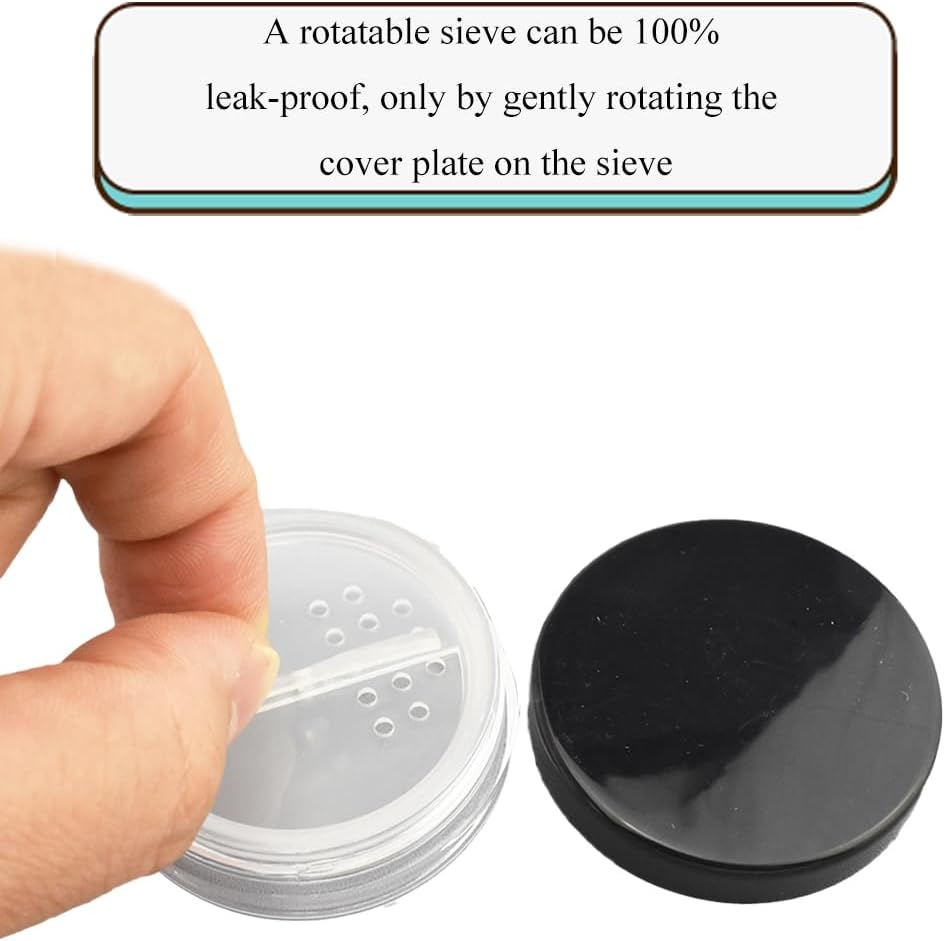 HAHIYO 2Pcs 20ml/0.68oz Plastic Empty Travel Compact Case Makeup Cosmetic Jar Refillable Powder Box No Leak Holder with Rotatable Sifter and Black Screw Lid