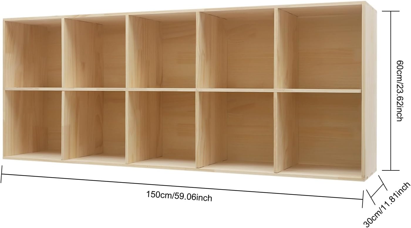 10 Cube Storage Shelf Organizer Bookshelf with Back Panel, 12in Deep Solid Wooden Cube Shelf Bookcase, Floorstanding, Vertical or Horizontal, Easy Assembly