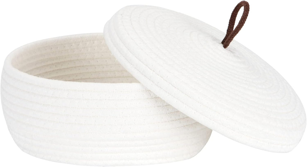 Sea Team Round Cotton Rope Storage Basket with Lid, Decorative Woven Storage Bin, Pot, Caddy, Organizer, Container for Snacks, Towels, Plants, 10 x 4.5 Inches (Small, Shallow, White)