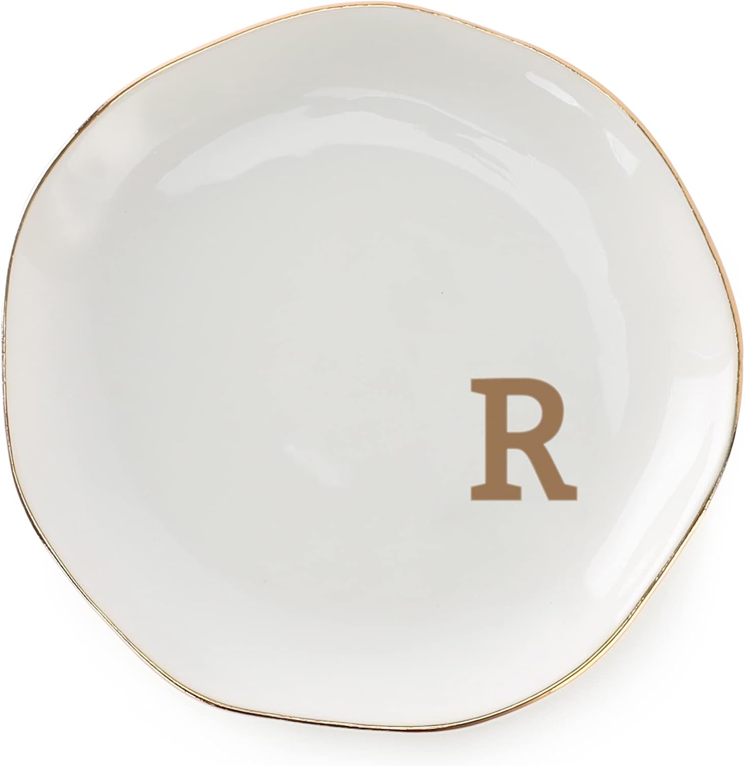 Initials Ring Dish Jewery Tray with Personalized R-Monogrammed Gifts Wedding Engagement for Women Friends Sister,Ceramic White