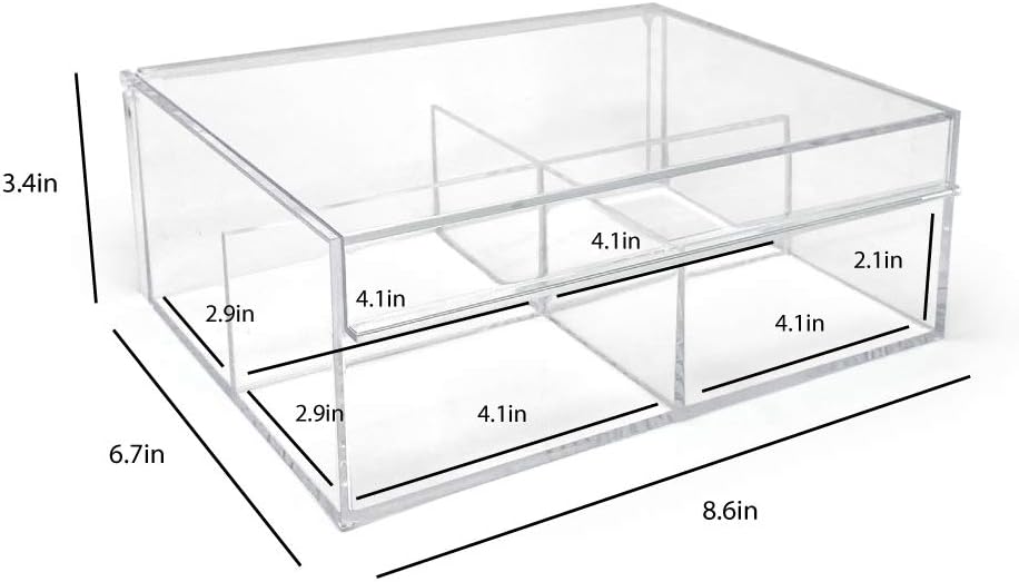 Isaac Jacobs 4-Compartment Clear Acrylic Organizer with Lid (6.7" L x 8.6" W x 3.4" H), Multi-Sectional Tray & Storage Solution for Makeup, School & Office Supplies & More, for Bathroom, Kitchen
