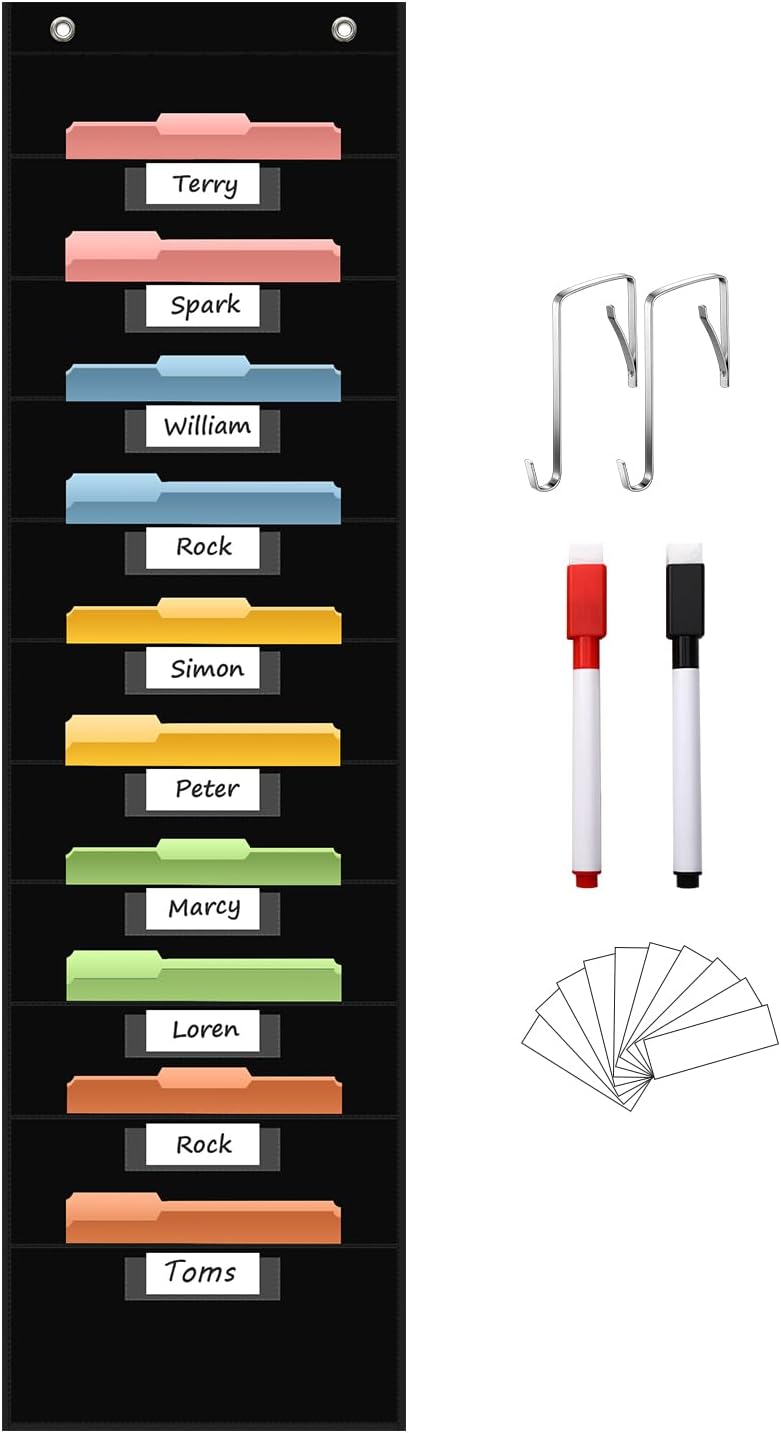 10 Pocket Hanging Wall File Organizer with 10 Nametag Pockets, File Pocket Chart for Classroom and Office. Perfectly Stores Assignments, Files, Scrapbooks, and Documents.