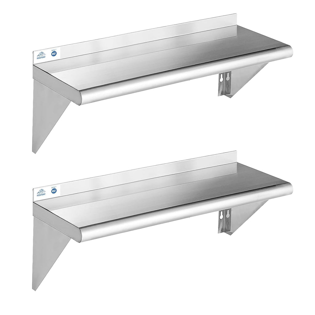 ROCKPOINT Stainless Steel Shelf 10 x 30 Inches 225lb, 2 Pack NSF Metal Commercial Shelves Wall Mount Floating Shelving with Backsplash for Restaurant, Kitchen, Home and Hotel, Silver