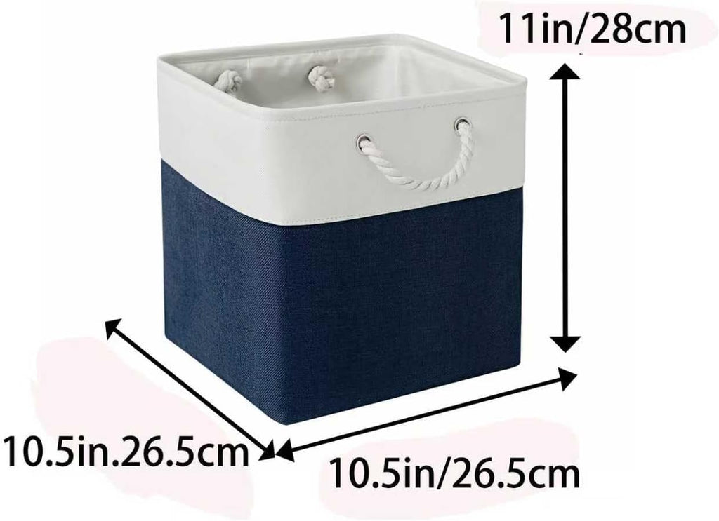 Fabric Storage Cubes, 11 inch cube storage bin with Handles, 11x11cube storage organizer bins, Collapsible Storage Bins for Shelves and Home, Cubby Storage Bins (white-navy, 10.5x10.5x11in)