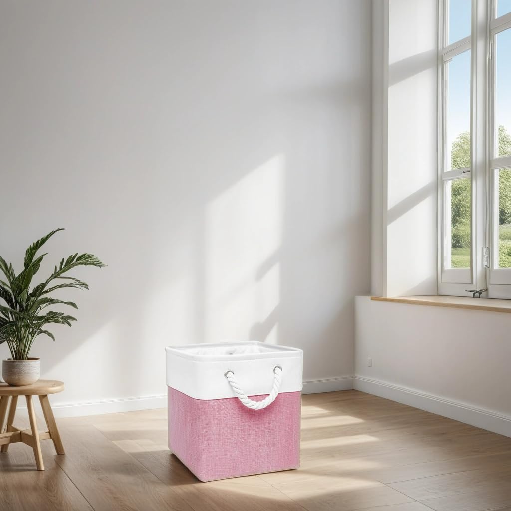 Fabric Storage Cubes, 11 inch cube storage bin with Handles, 11x11cube storage organizer bins, Collapsible Storage Bins for Shelves and Home, Cubby Storage Bins (White-Pink, 10.5x10.5x11in)