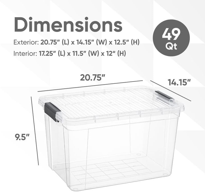 Superio Clear Storage Boxes with Lids, 49 Quart Plastic Container Bins for Organizing, Stackable Crates, BPA Free, Non Toxic, Odor Free, Organizers for Home, Office and Dorm, 6 Pack