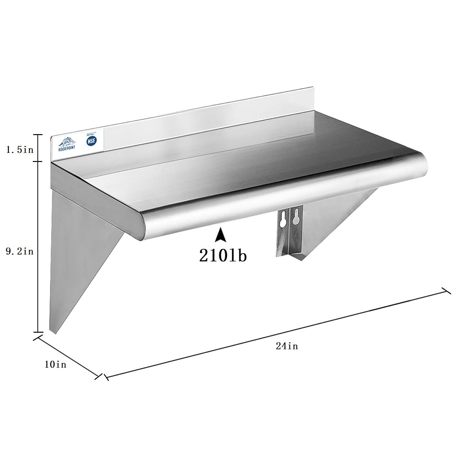 ROCKPOINT Stainless Steel Shelf 10 x 24 Inches 210lb, NSF Metal Commercial Shelves Wall Mount Floating Shelving with Backsplash for Restaurant, Kitchen, Home and Hotel, Silver