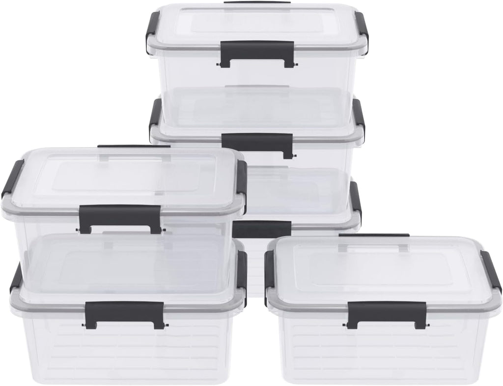 10 Liters Clear Storage Box with Latch Clips/Lid, Plastic Airtight Pet Food Containers Set of 6