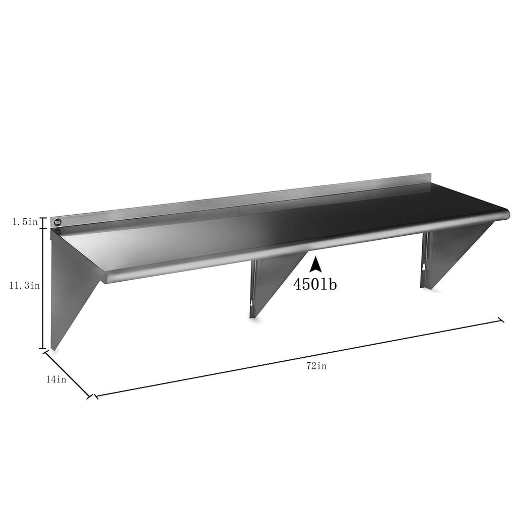 ROCKPOINT Stainless Steel Shelf 14 x 72 Inches 450lb, NSF Metal Commercial Shelves Wall Mount Floating Shelving with Backsplash for Restaurant, Kitchen, Home and Hotel, Silver
