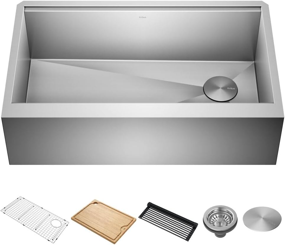 KRAUS Kore 33-Inch Farmhouse Workstation 16 Gauge Single Bowl Stainless Steel Kitchen Sink with Accessories, KWF210-33