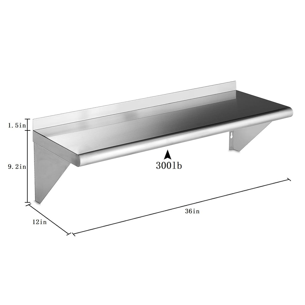 ROCKPOINT Stainless Steel Shelf 12 x 36 Inches 300lb, 2 Pack NSF Commercial Wall Mount Floating Shelving with Backsplash for Restaurant, Kitchen, Home and Hotel, Silver