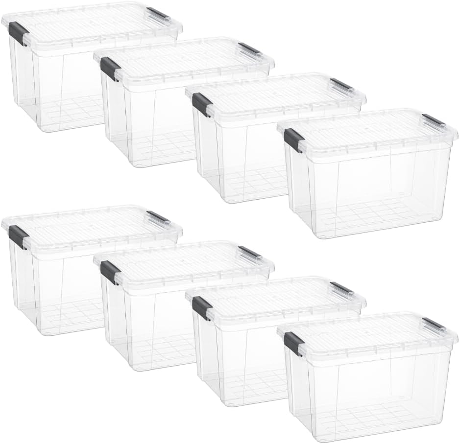 Superio Clear Storage Boxes with Lids, 14.25 Quart Plastic Container Bins for Organizing, Stackable Crates, BPA Free, Non Toxic, Odor Free, Organizers for Home, Office and Dorm, 8 Pack