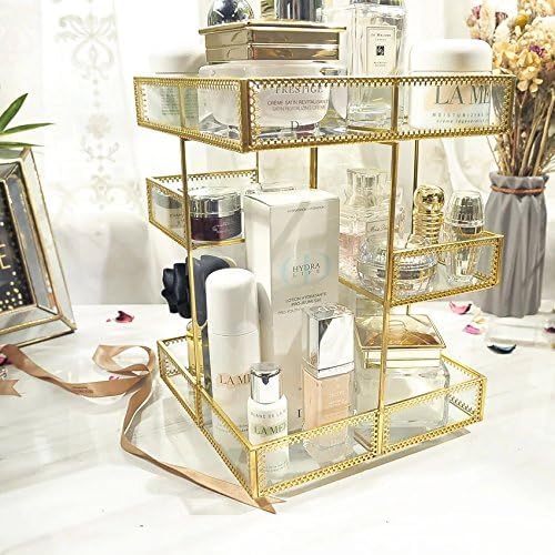 4-Tier Golden 360 Degree Rotation Cosmetic Organizer -Premium Spinning Perfume Tray,Large Capacity Beauty Display for Countertop,Vanity or Bathroom Dorm Room-Tempered Glass&Sturdy Metal