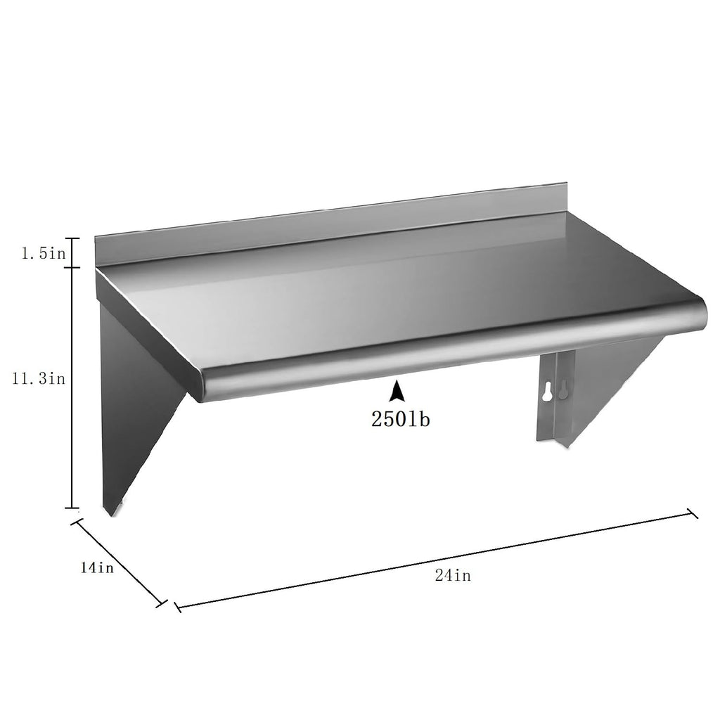 ROCKPOINT Stainless Steel Shelf 14 x 24 Inches 250lb, NSF Metal Commercial Shelves Wall Mount Floating Shelving with Backsplash for Restaurant, Kitchen, Home and Hotel, Silver