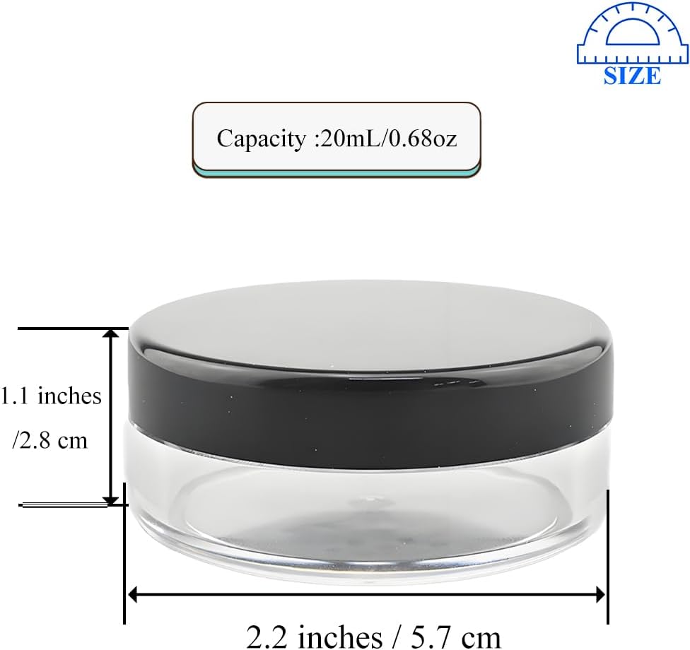 HAHIYO 2Pcs 20ml/0.68oz Plastic Empty Travel Compact Case Makeup Cosmetic Jar Refillable Powder Box No Leak Holder with Rotatable Sifter and Black Screw Lid