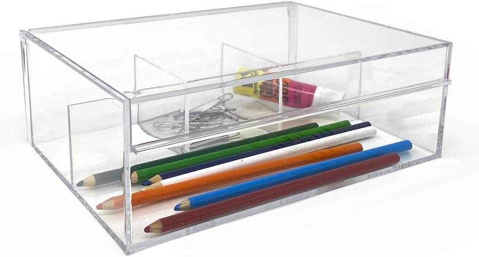 Isaac Jacobs 4-Compartment Clear Acrylic Organizer with Lid (6.7" L x 8.6" W x 3.4" H), Multi-Sectional Tray, Storage Solution for Makeup, School & Office Supplies (3 Small, 1 Large)