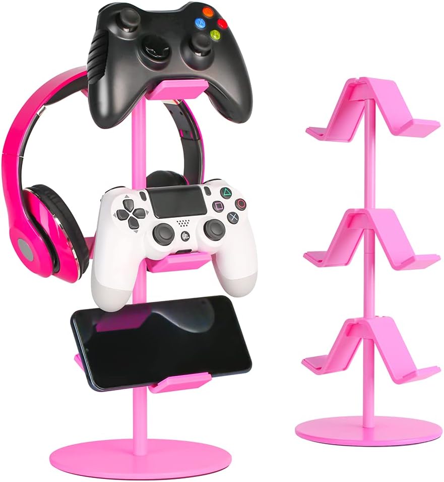 Controller Holder Pink,Headphone Stand,3 Tier Multi Adjustable Game Controller Headset Hanger for All Universal Gaming PC Accessories, Xbox PS4 PS5 Nintendo Switch(Cute Pink)