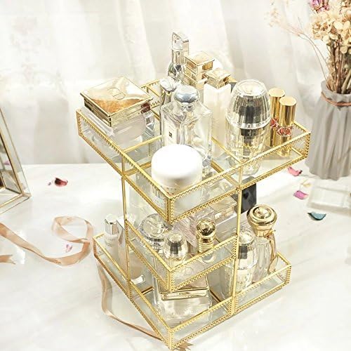 4-Tier Golden 360 Degree Rotation Cosmetic Organizer -Premium Spinning Perfume Tray,Large Capacity Beauty Display for Countertop,Vanity or Bathroom Dorm Room-Tempered Glass&Sturdy Metal