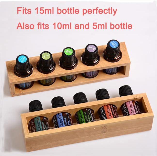 Natural Bamboo Essential Oils Storage Rack fits 15ml bottles 1 Tier Tabletop Display Stand for Aromatherapy Bottles Storage Shelf fits 15ml 10ml 5ml bottles (5 Slots * 2pcs)