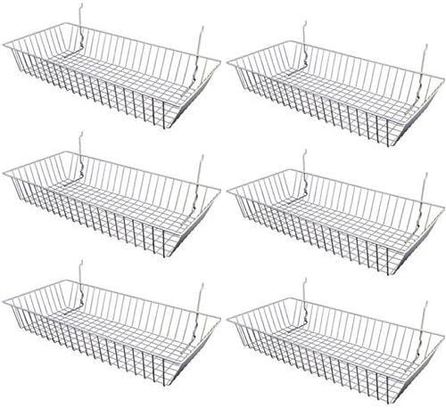Only Hangers Wire Baskets for Gridwall, Slatwall or Pegboard - Perfect For Commercial Use or Home Organization - Wire Basket 24” L x 12” D x 4” H (Set of 6) Black, White, and Chrome (WHITE)