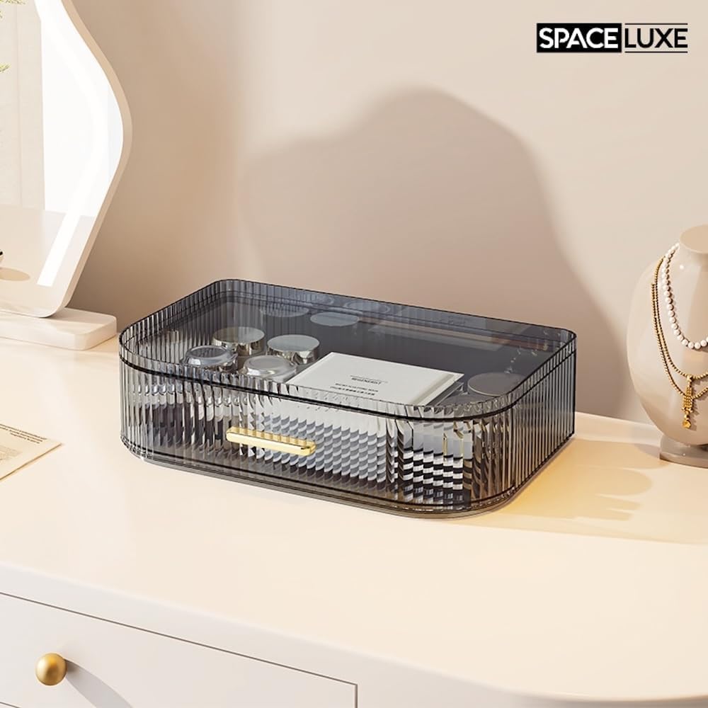 Makeup Organizer with Drawers and 360° Rotating Brush Holder, Large Capacity Cosmetic Storage for Vanity, Skincare, Perfume, Hair Accessories, Lipstick & Jewelry (Transparent Gray, 2-layer)