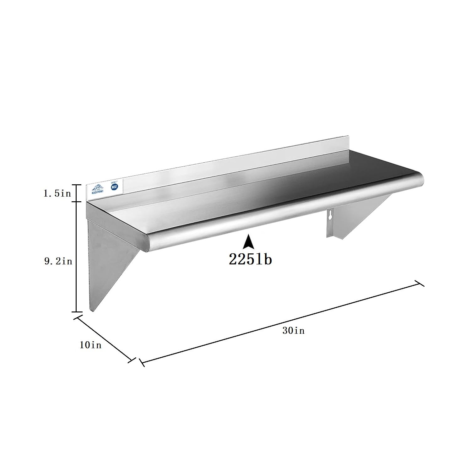 ROCKPOINT Stainless Steel Shelf 10 x 30 Inches 225lb, NSF Metal Commercial Shelves Wall Mount Floating Shelving with Backsplash for Restaurant, Kitchen, Home and Hotel, Silver