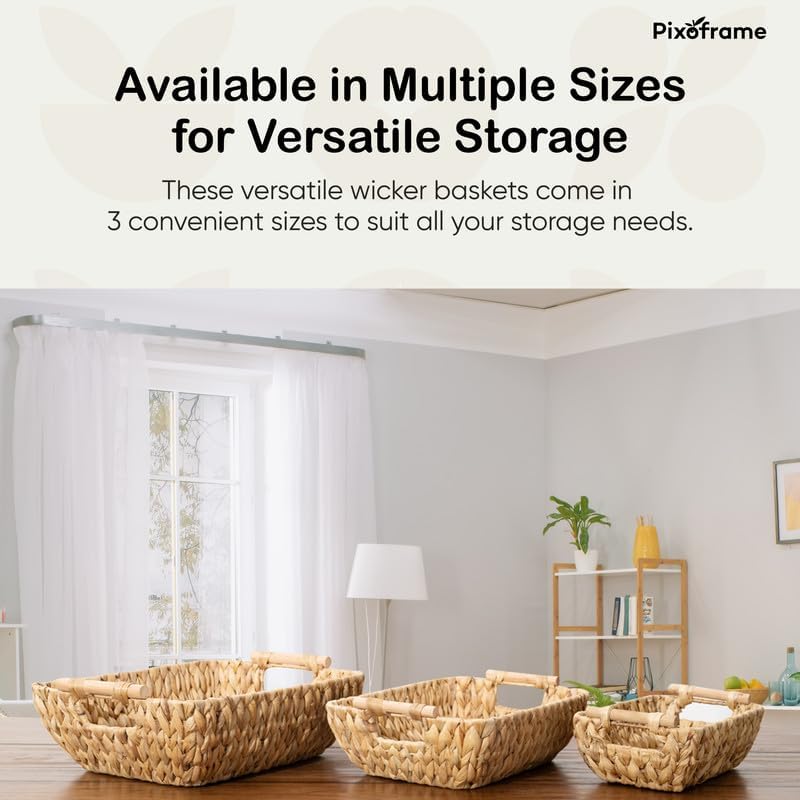 Large Rectangular Handwoven Wicker Basket - Water Hyacinth Storage Baskets with 2 Polished Wooden Handles for Store Hand Towels, Fruits & Veggies etc - 13.25"x12"x6.25" - Pack of 2 - Natural