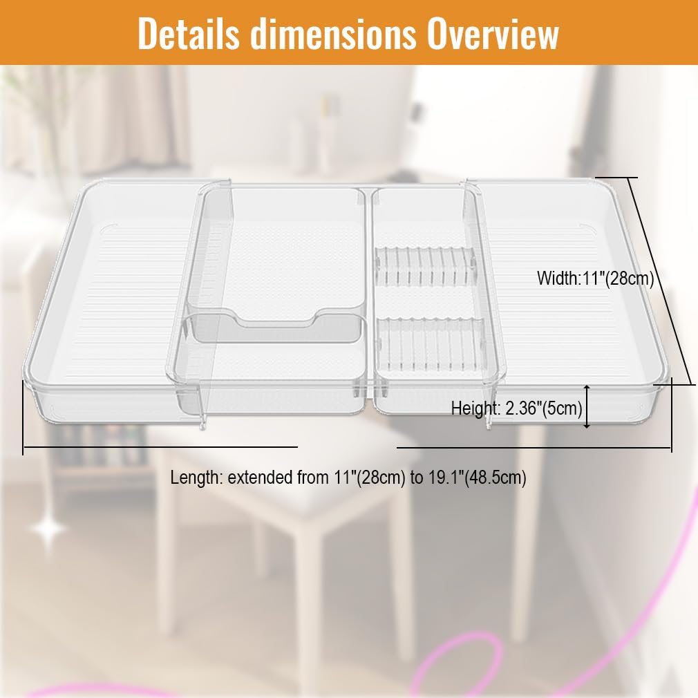 Expandable Drawer Organizer Tray from 11” to 19.1”, Adjustable Silverware in Drawer Holder, Clear Plastic Drawer Storage with Sliding Dividers for Utensil, Cosmetics, Toiletries, Offices