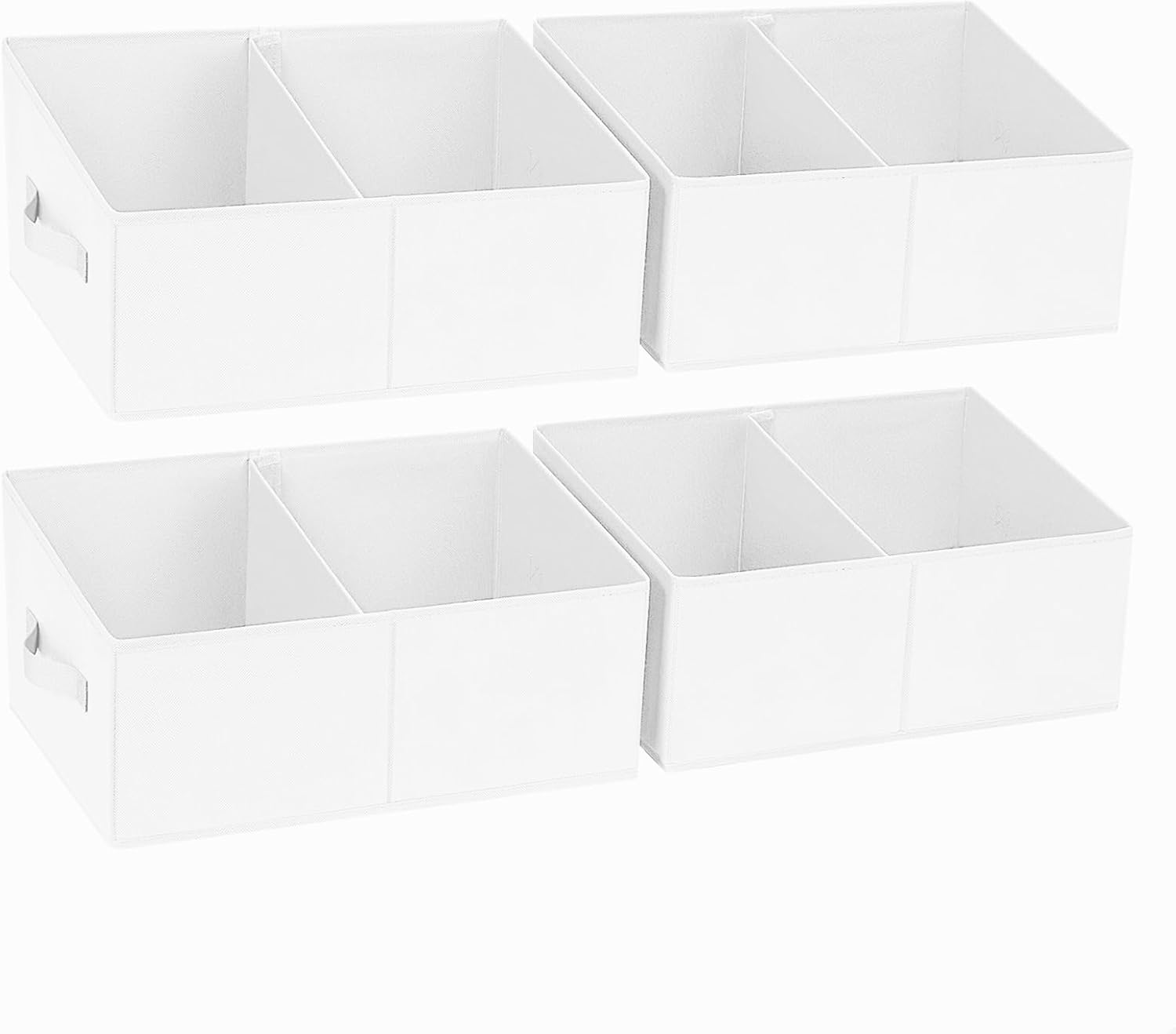 DIMJ Large Closet Shelf Organizer Bins 4 Packs with Handles and Divider, Fabric Trapezoid Storage Baskets, Foldable Clothes Containers Box for Shelf, Towel, Book, Toy, Purse, Hats, White