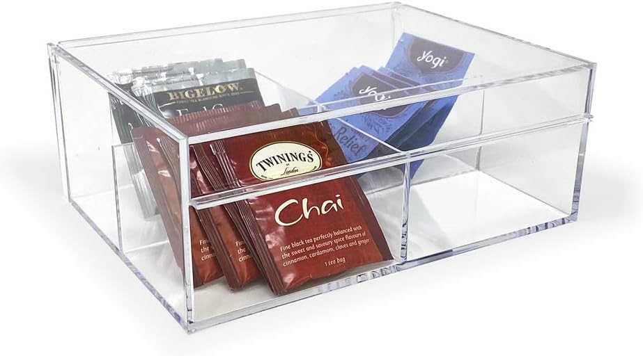 Isaac Jacobs 4-Compartment Clear Acrylic Organizer with Lid (6.7" L x 8.6" W x 3.4" H), Multi-Sectional Tray & Storage Solution for Makeup, School & Office Supplies & More, for Bathroom, Kitchen