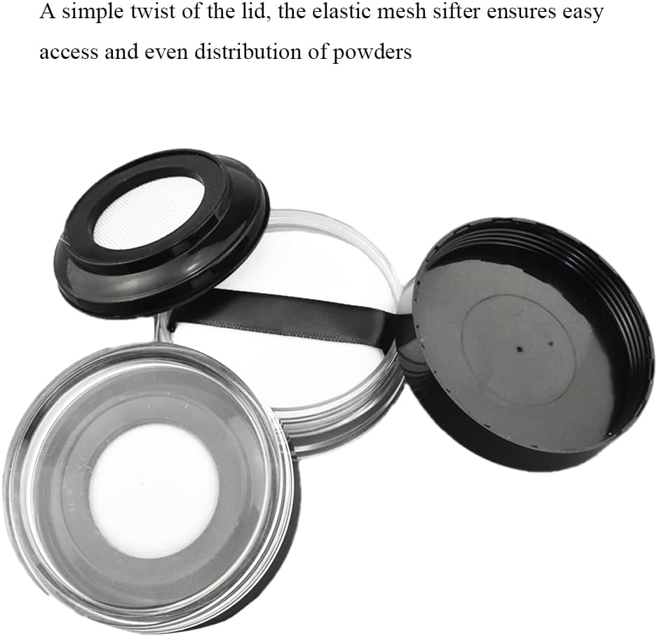HAHIYO Empty Travel Compact Case Makeup Cosmetic Jar Refillable Powder Box No Leak Holder with Elastic Mesh Sifter and Black Lid, 2Pcs 10ml/0.34oz