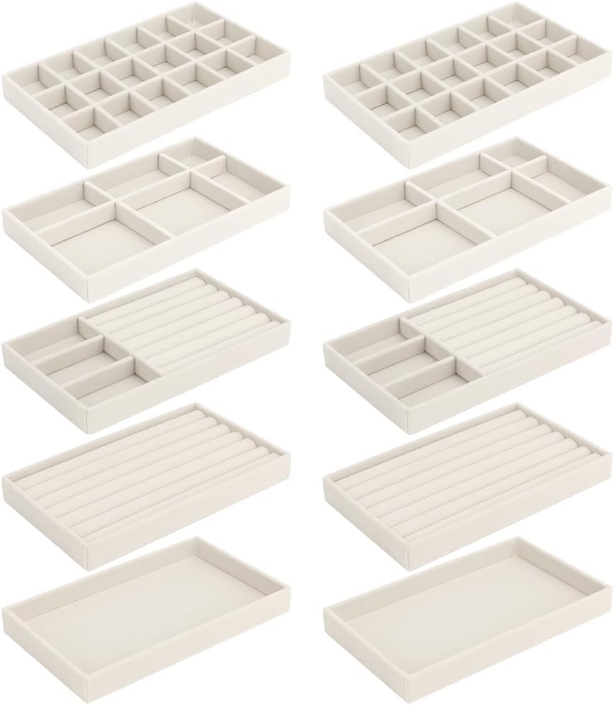 10 Pack Jewelry Organizer Tray Drawer Inserts Stackable Velvet Liner Dividers Customizable Jewellery Box Foam Ring Earring Holder Necklace Bracelet Storage Display Dish Flat in Dresser Vanity