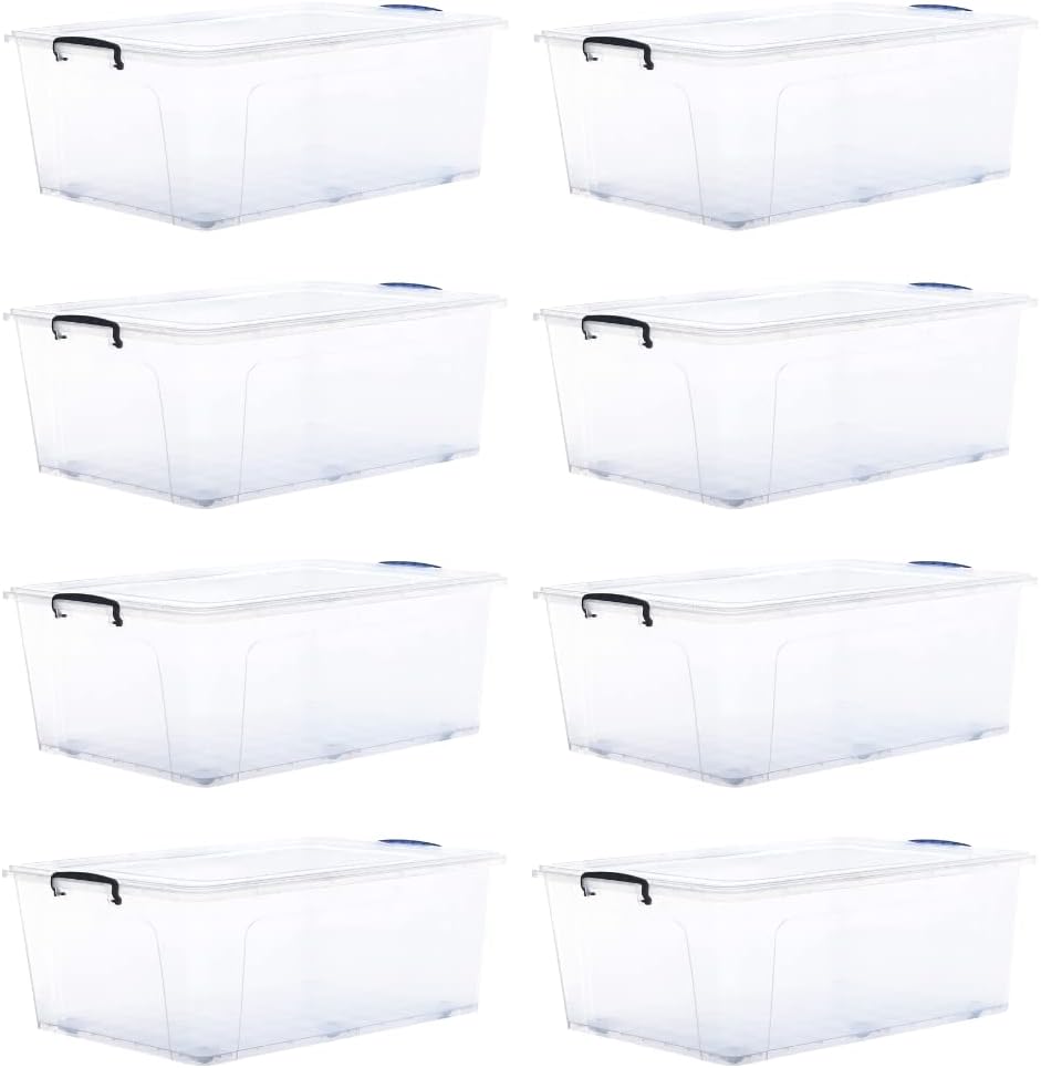 Superio Storage Bins with Lids- Clear Boxes for Organizing, Stackable Plastic Containers- BPA Free, Non-Toxic, Odor Free, Organizer for Home, Office, Dorm (8 Pack, 32 Qt (Wheeled))