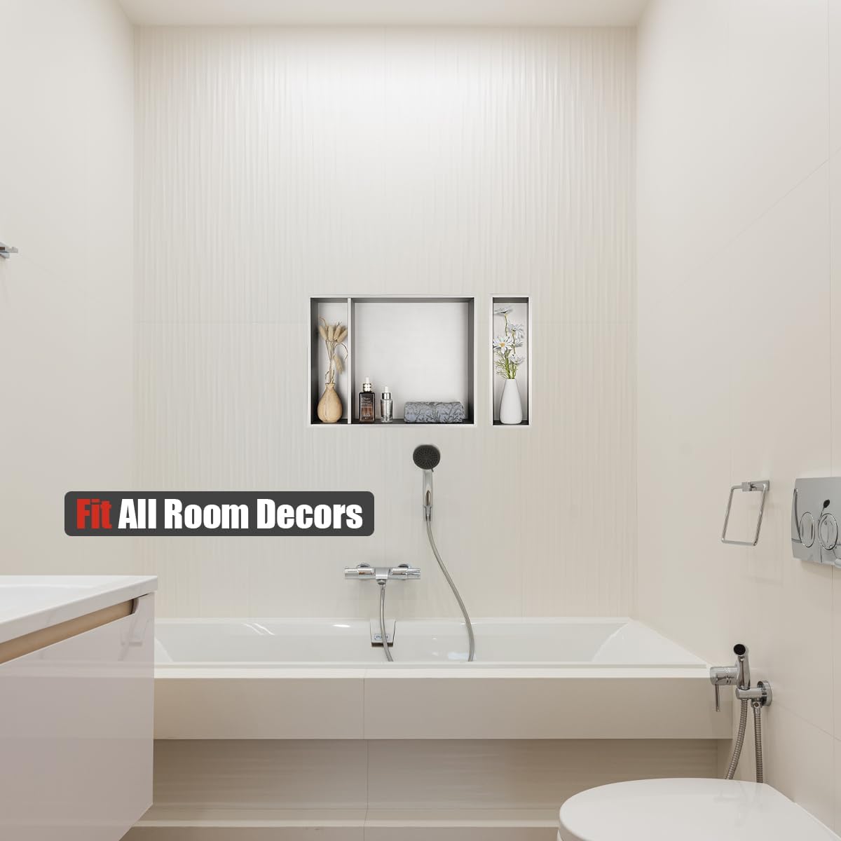 JQK Shower Niche No Tile Need, 18"×14" Brushed Nickel Bathroom Insert Shelf 2 Layer, 304 Stainless Steel Recessed Shower Caddy Organizer Storage, SNL1814D-BN