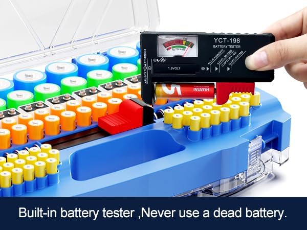Battery Organizer Storage Holder Box Case with Tester, New Ultra-Large 285+Batteries Double-Sided Variety Pack, Holds AA AAA 4A C D Button Cell 9V 3V Lithium18650 CR2 CR123 CR1632 LR44 (Blue)